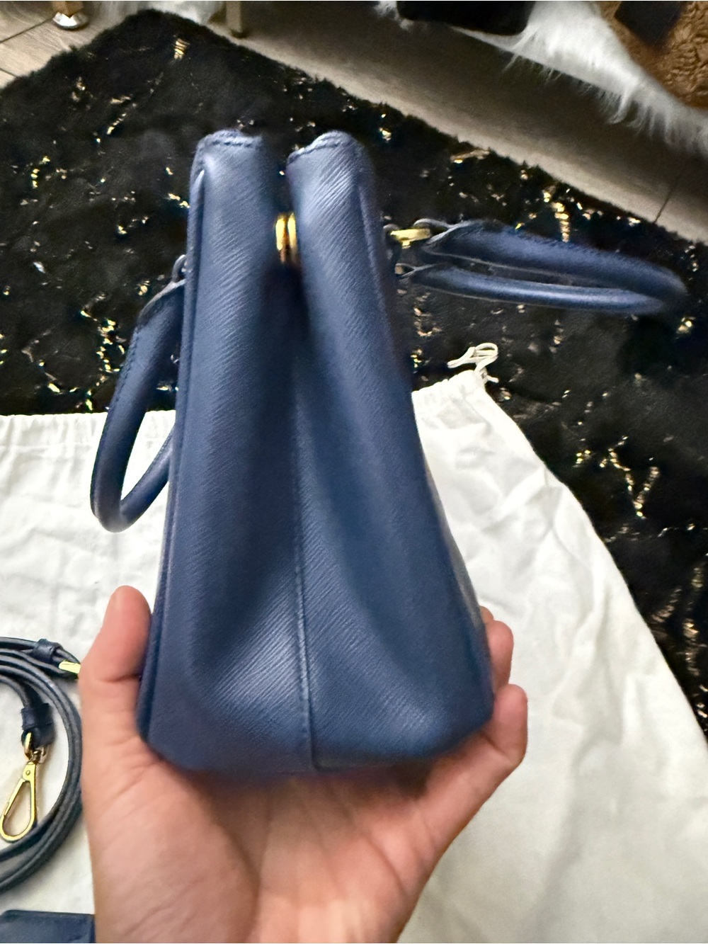 Prada Navy Saffiano Leather Double-Handle Satchel with Gold Hardware - Picture 7 of 16